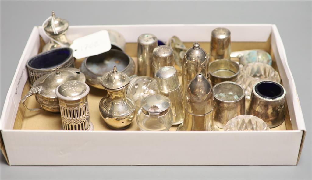 Eight assorted silver condiments including pair of Victorian mounted glass and a Georgian bun salt etc.
